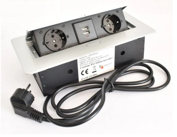 Przedłużacz chowany w blat 2 gniazda + 2 USB ALUMINIUM