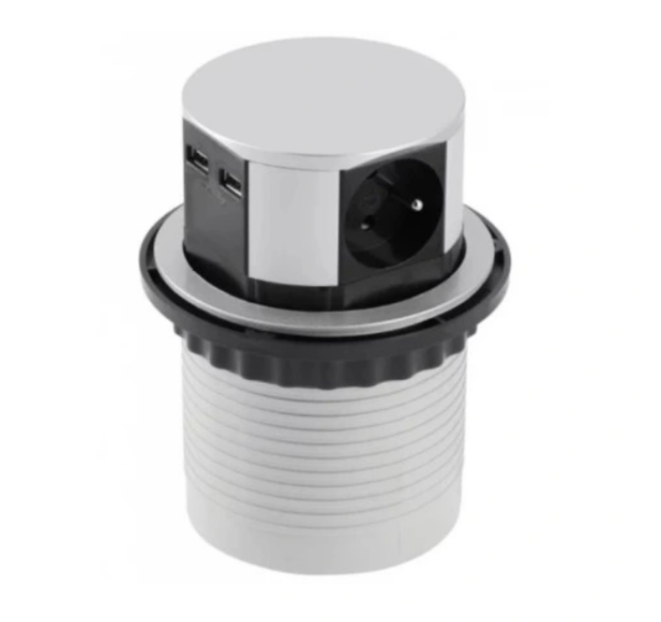 Przedłużacz okrągły biurowy wpuszczany do biurka 3 gniazdami zasilającymi oraz dwoma portami USB