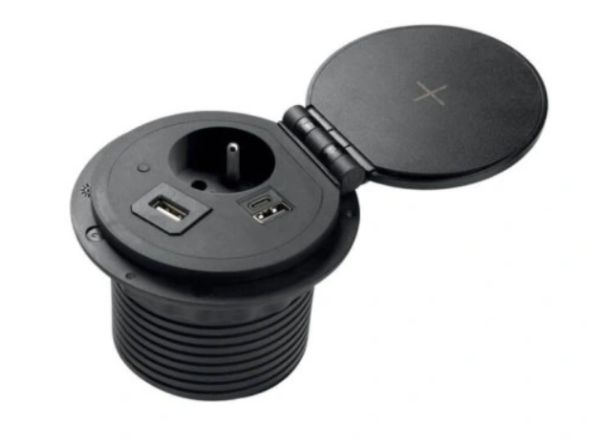 Przedłużacz biurowy okrągły wpuszczany do blatu z ładowaniem indukcyjnym.